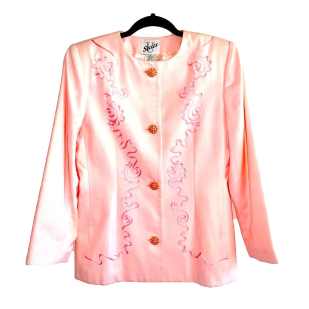 U Suits Petite Light Pink Embroidered Skirt Suit Set 6